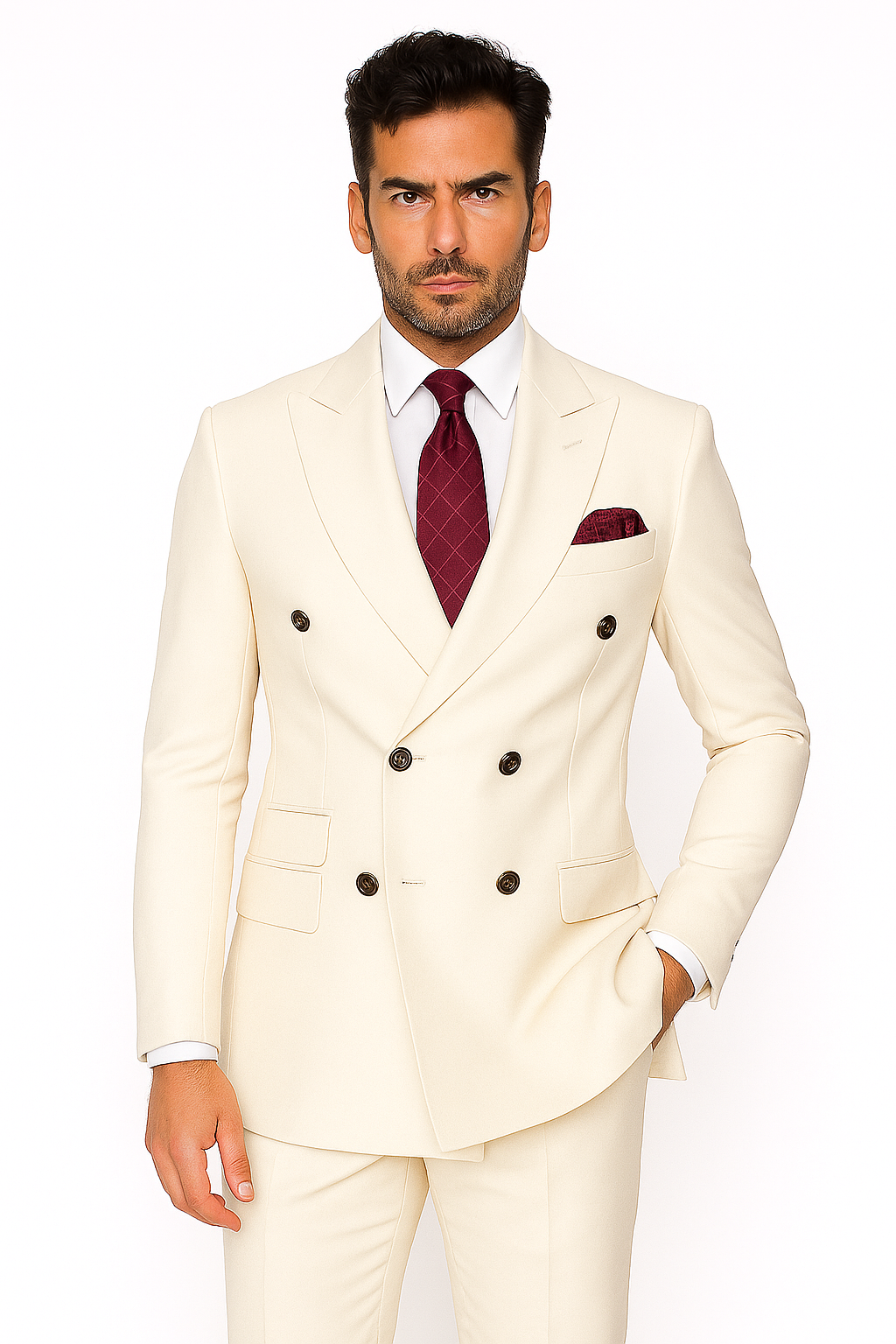 Mens Designer Modern Fit Double Breasted Wool Suit with Gold Buttons in White - New Arrival - 38 Short Jacket+32 Waist Adjustable 28to34)(Height: 5 4 to5 7 )(Neck 15-16.5)S-M)