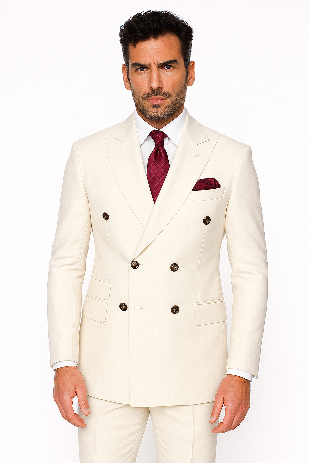 Mens Designer Modern Fit Double Breasted Wool Suit with Gold Buttons in White - New Arrival - 38 Short Jacket+32 Waist Adjustable 28to34)(Height: 5 4 to5 7 )(Neck 15-16.5)S-M)