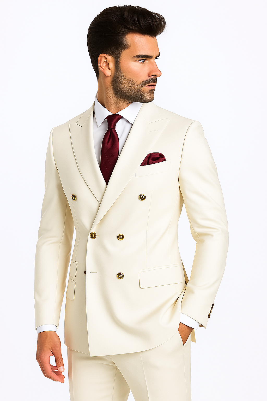 Mens Designer Modern Fit Double Breasted Wool Suit with Gold Buttons in White - New Arrival - 38 Short Jacket+32 Waist Adjustable 28to34)(Height: 5 4 to5 7 )(Neck 15-16.5)S-M)