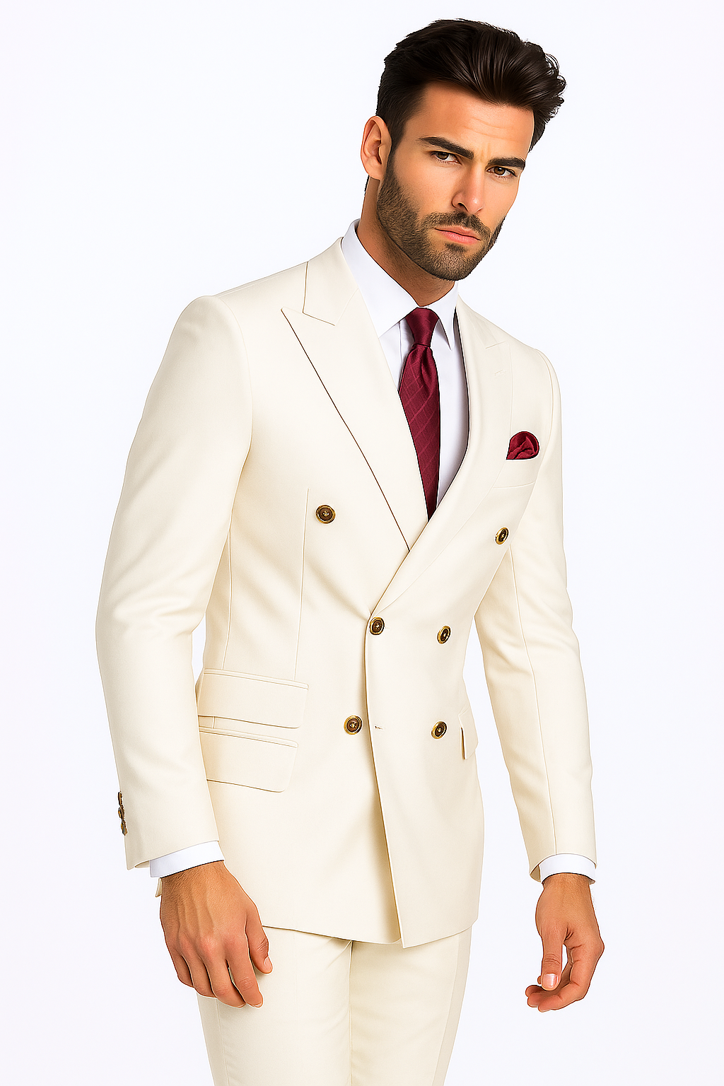 Mens Designer Modern Fit Double Breasted Wool Suit with Gold Buttons in White - New Arrival - 38 Short Jacket+32 Waist Adjustable 28to34)(Height: 5 4 to5 7 )(Neck 15-16.5)S-M)