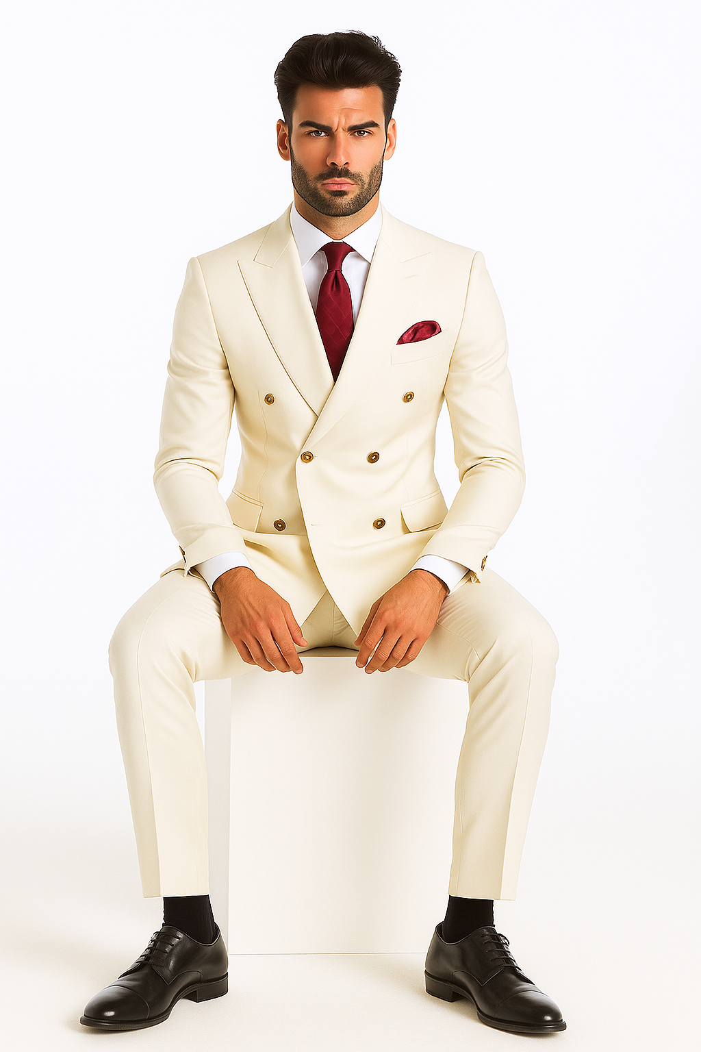 Mens Designer Modern Fit Double Breasted Wool Suit with Gold Buttons in White - New Arrival - 38 Short Jacket+32 Waist Adjustable 28to34)(Height: 5 4 to5 7 )(Neck 15-16.5)S-M)