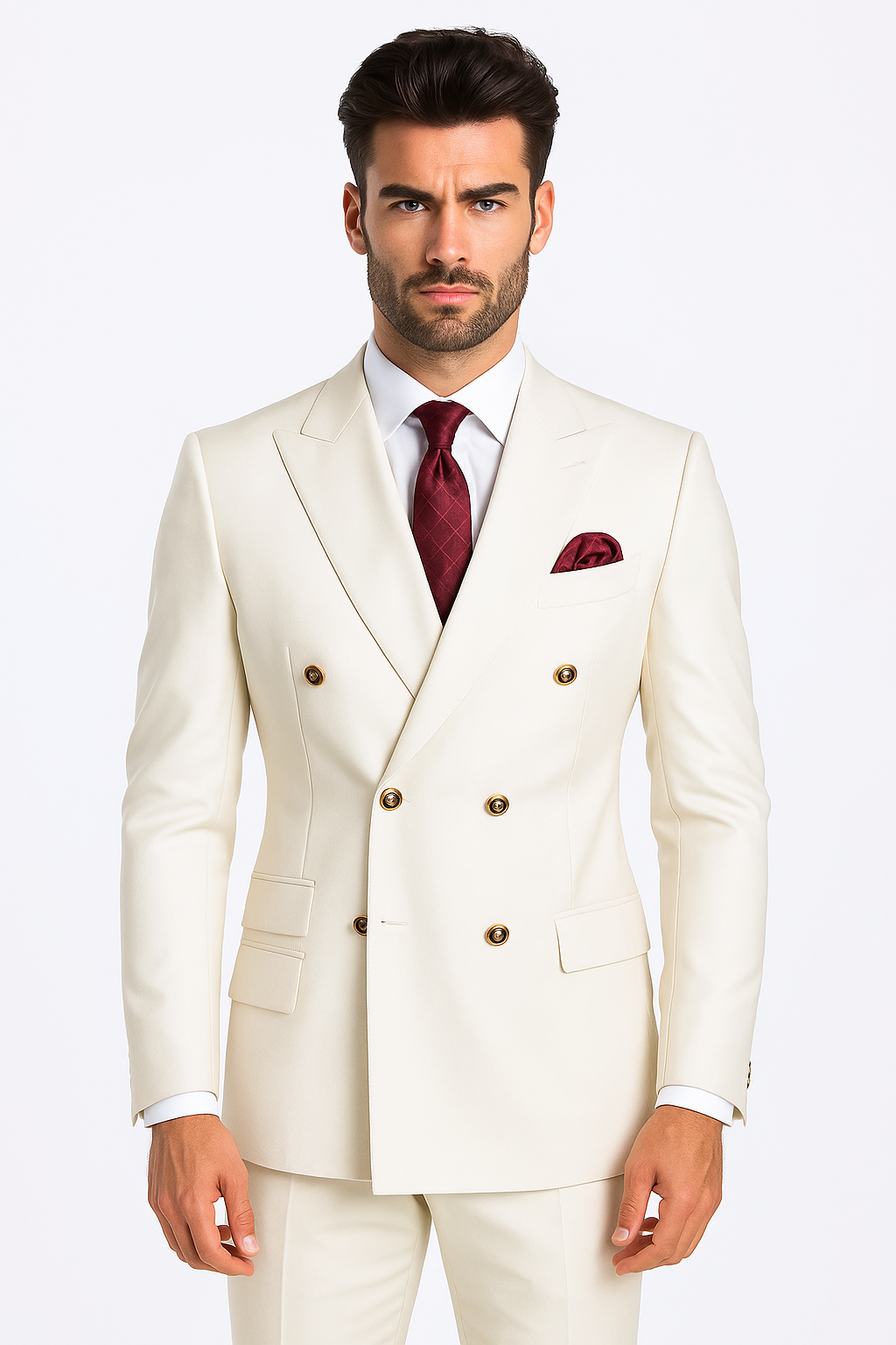 Mens Designer Modern Fit Double Breasted Wool Suit with Gold Buttons in White - New Arrival - 38 Short Jacket+32 Waist Adjustable 28to34)(Height: 5 4 to5 7 )(Neck 15-16.5)S-M)