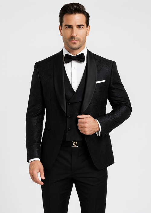 Premium Black Floral Lace Tuxedo for Grooms Men's Designer Wedding Outfit