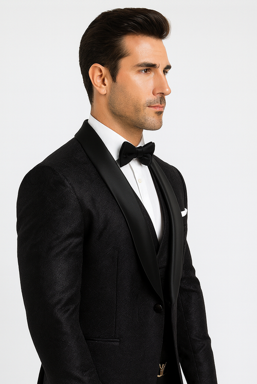 Premium Black Floral Lace Tuxedo for Grooms Men's Designer Wedding Outfit