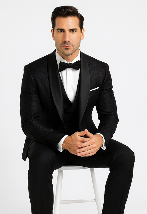 Premium Black Floral Lace Tuxedo for Grooms Men's Designer Wedding Outfit