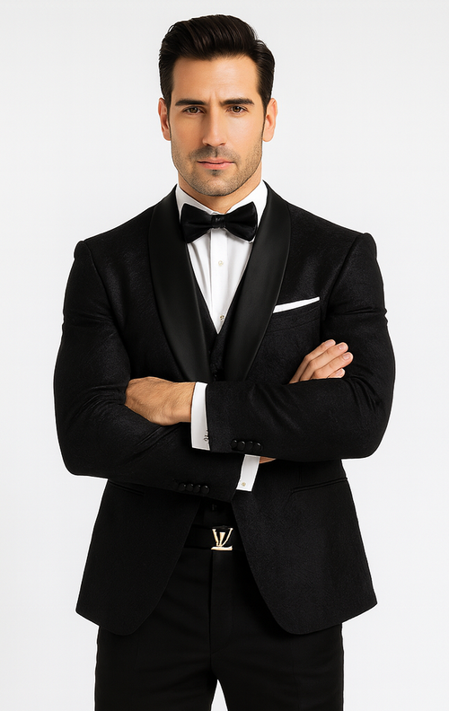 Premium Black Floral Lace Tuxedo for Grooms Men's Designer Wedding Outfit