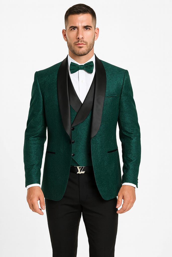 Luxury Floral Lace Wedding Tuxedo in Hunter Green – Men’s Vested Suit