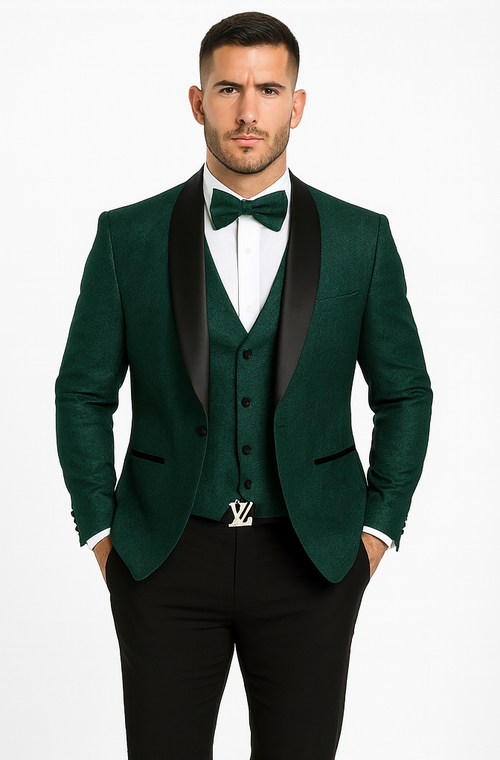 Luxury Floral Lace Wedding Tuxedo in Hunter Green Mens Vested Suit