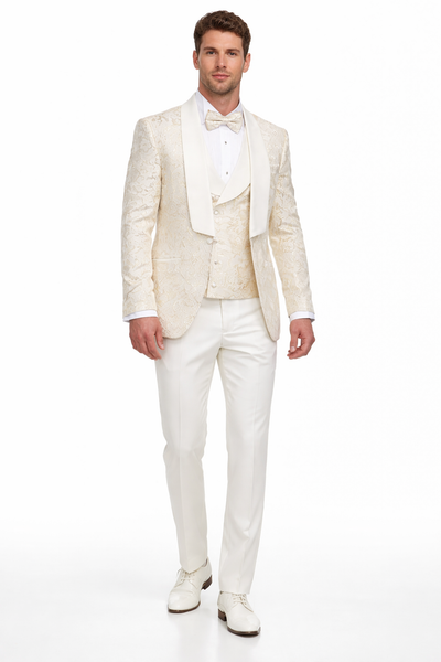 Men's Designer Vested Wedding & Prom Tuxedo in Ivory Off White & Gold Floral Paisley