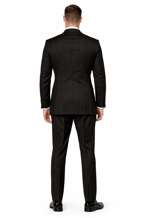 Men's Designer Double Breasted Wool Suit in Bold Black Gangster Pinstripe.
