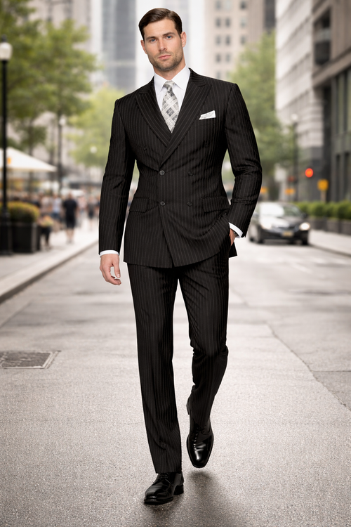 Men's Designer Double Breasted Wool Suit in Bold Black Gangster Pinstripe.