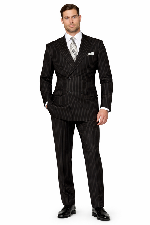 Men's Designer Double Breasted Wool Suit in Bold Black Gangster Pinstripe.