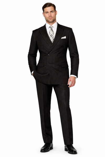 Men's Designer Double Breasted Wool Suit in Bold Black Gangster Pinstripe.