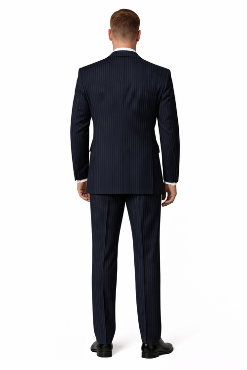 Men's Designer Wool Pleated Pant Vested Suit in Bold Navy Gangster Pinstripe