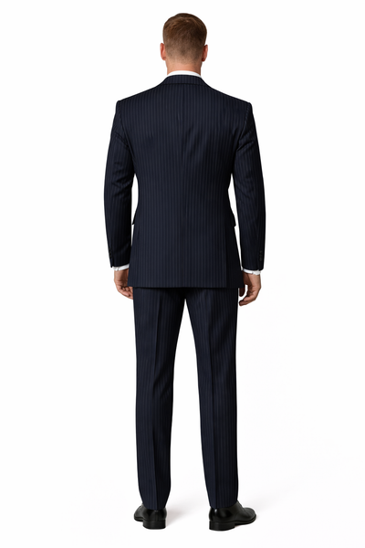 Men's Designer Wool Pleated Pant Vested Suit in Bold Navy Gangster Pinstripe