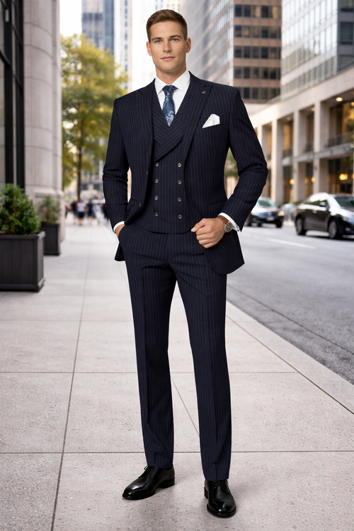 Men's Designer Wool Pleated Pant Vested Suit in Bold Navy Gangster Pinstripe