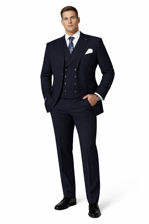 Men's Designer Wool Pleated Pant Vested Suit in Bold Navy Gangster Pinstripe