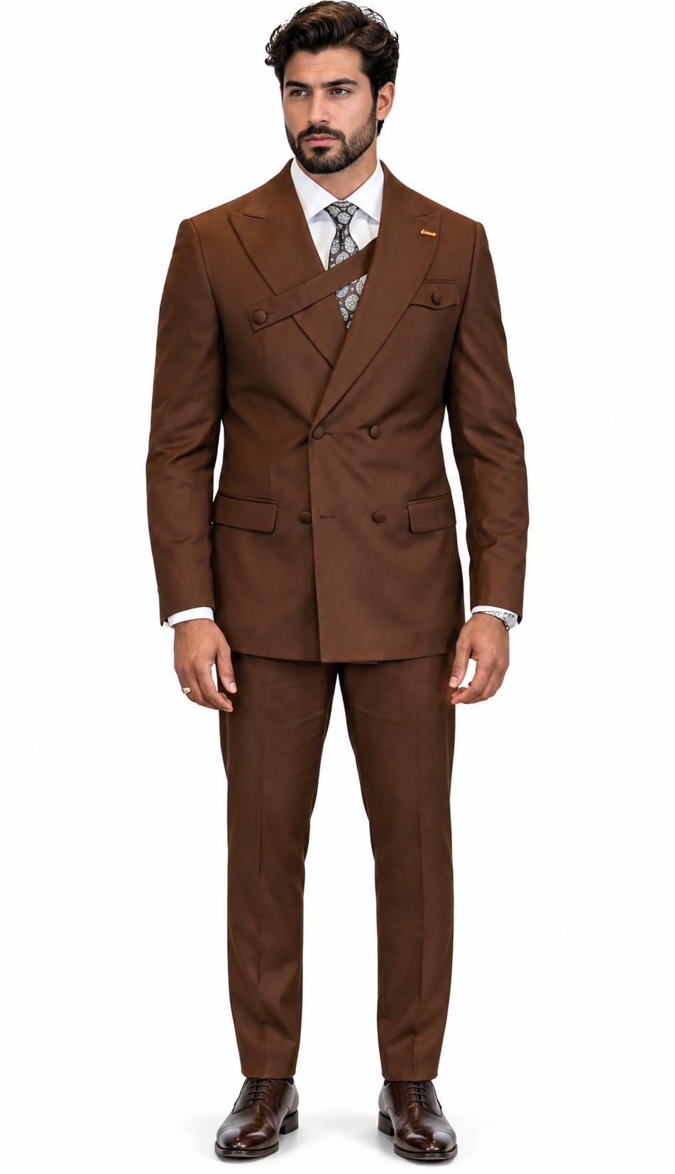 Mens Double-breasted diagonal fashion band crossing the chest architectural edge wide peak lapel solid in Copper By Statement Wool Fabric