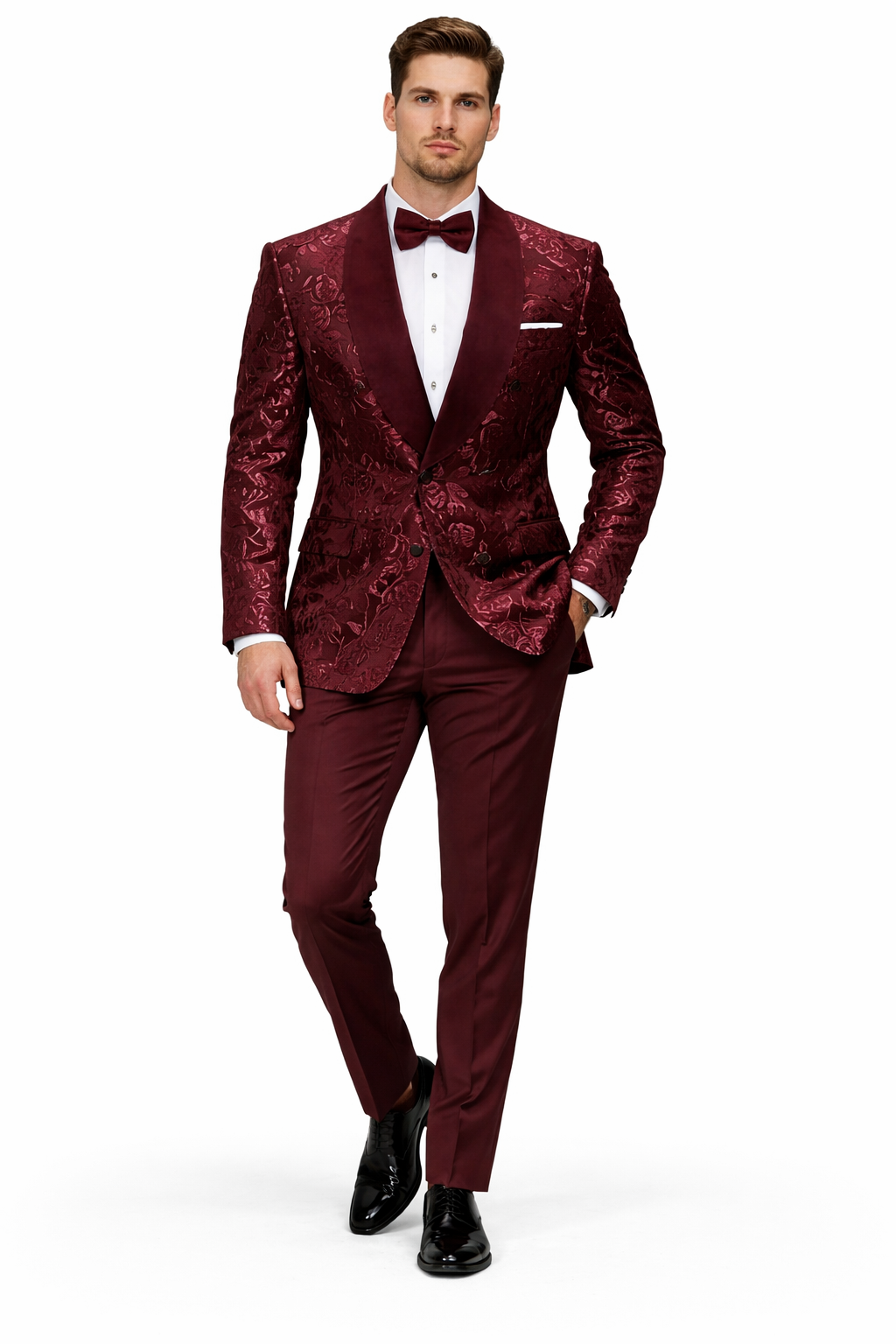 Men's Double Breasted Foil Paisley Dinner Jacket Prom & Wedding Tuxedo in Burgundy