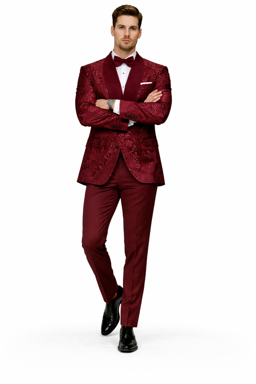 Men's Double Breasted Foil Paisley Dinner Jacket Prom & Wedding Tuxedo in Burgundy