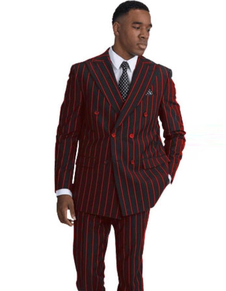 Mens Double Breasted Gangster Fit Pinstripe in Black & Red - 38 Short Jacket+32 Waist Adjustable 28to34)(Height: 5 4 to5 7 )(Neck 15-16.5)S-M)