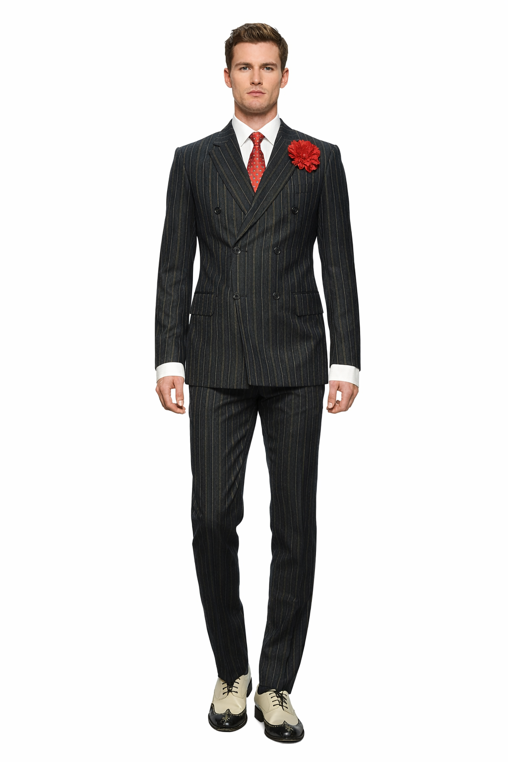 Mens Double Breasted Gangster Pinstripe Six Button homecoming Suit in Black