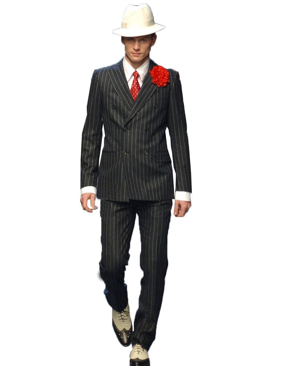 Men's Designer Double Breasted Wool Suit in Bold Black Gangster Pinstripe.