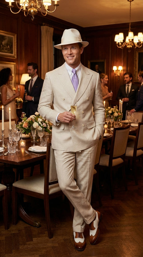 Mens Ivory Off White Double Breasted AI Capone Suit β Classic 1920s Vintage Gangster Style Formal Suit
