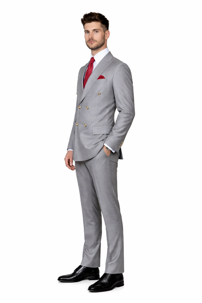 Mens Double breasted Suit - "Light Grey" 1920s 1980s Style Peak Lapel Suits - Back Side Vented Mens Designer Modern Fit Double Breasted Wool Suit with Gold Buttons in Light Grey Grey Prom 2026 Suits