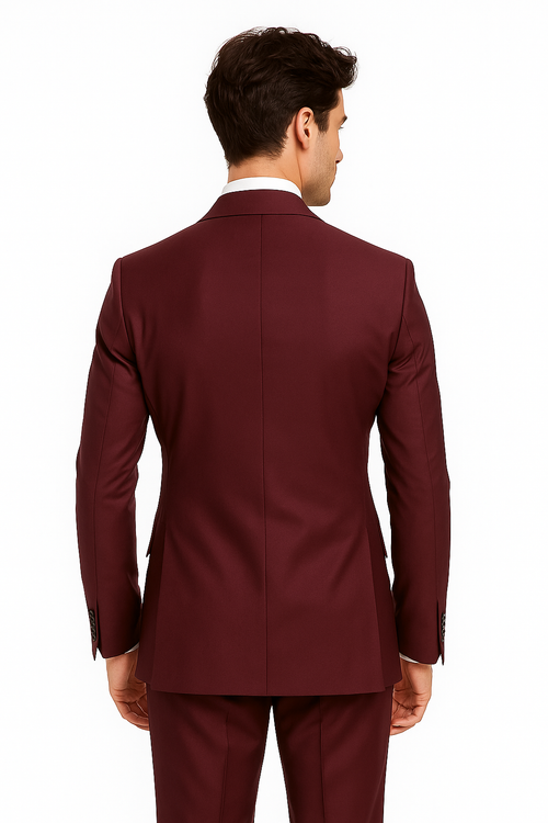 Mens Double breasted Suit - "Maroon" 1920s 1980s Style Peak Lapel Suits - Back Side Vented Mens Designer Modern Fit Double Breasted Wool Feel Suit- Designer Brand with Gold Buttons in Maroon - New Arrival