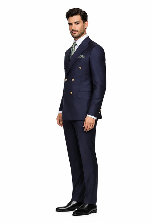 Mens Double breasted Suit - "Navy" 1920s 1980s Style Peak Lapel Suits - Back Side Vented Mens Designer Modern Fit Double Breasted Wool Suit with Gold Buttons in Navy