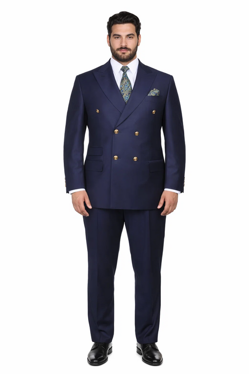 Mens Double breasted Suit - "Navy" 1920s 1980s Style Peak Lapel Suits - Back Side Vented Mens Designer Modern Fit Double Breasted Wool Suit with Gold Buttons in Navy