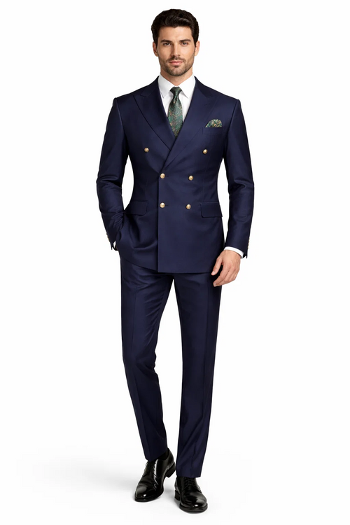 Mens Double breasted Suit - "Navy" 1920s 1980s Style Peak Lapel Suits - Back Side Vented Mens Designer Modern Fit Double Breasted Wool Suit with Gold Buttons in Navy