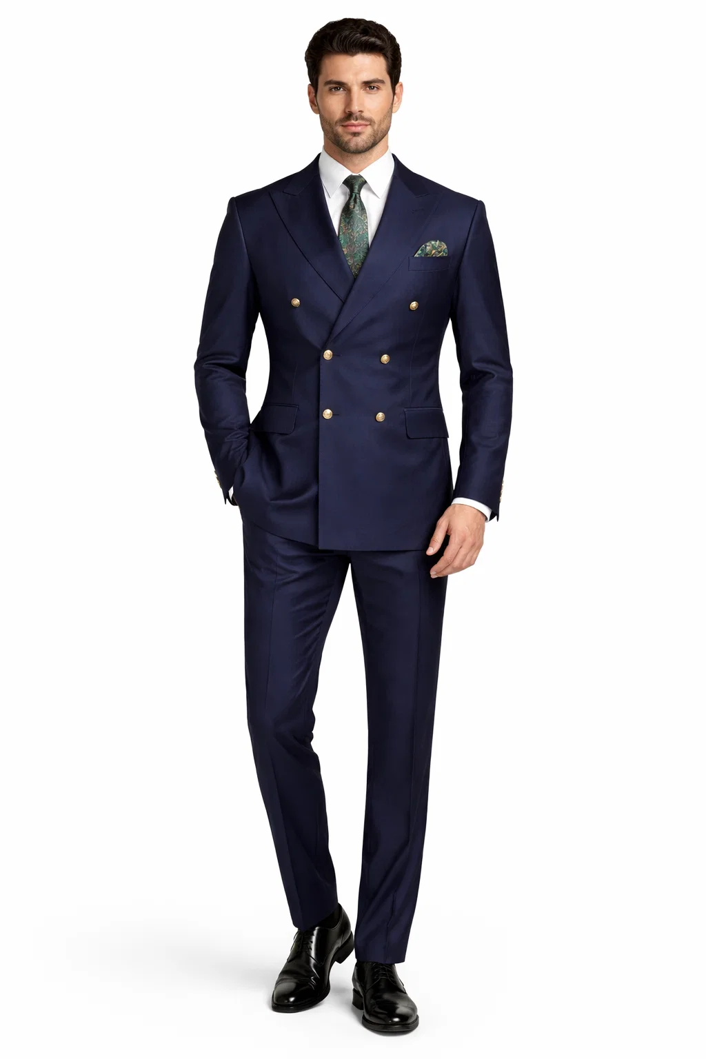 Mens Double breasted Suit - "Navy" 1920s 1980s Style Peak Lapel Suits - Back Side Vented Mens Designer Modern Fit Double Breasted Wool Suit with Gold Buttons in Navy