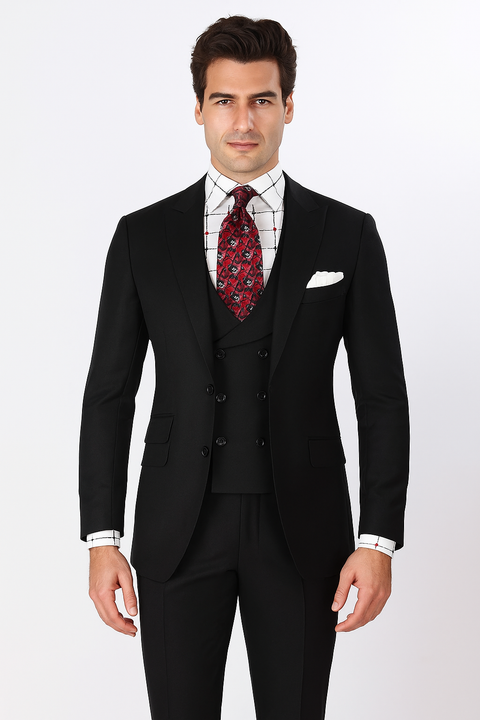 Men's Double Breasted Vest with Wide Peak Lapel Black Suit - New Arrival