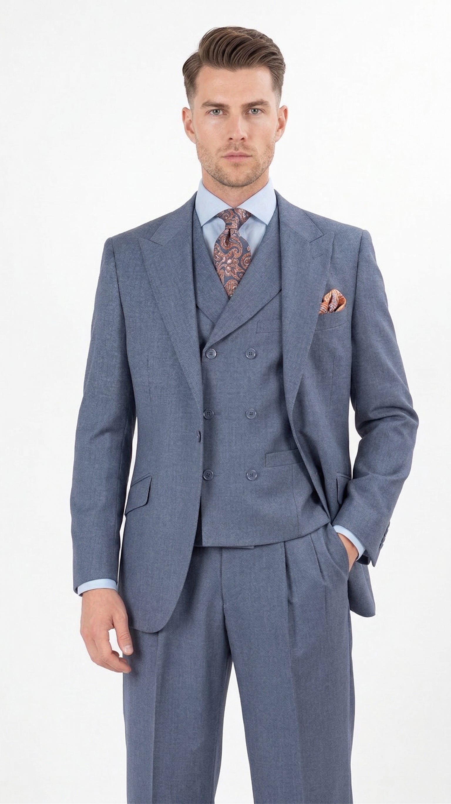 Men's Dusty Blue 3 Piece Suit 100% Wool Fabric – Classic Fit Wide Leg Pleated Pants Double Breasted Vest Formal Business Church Apollo King 34 Short