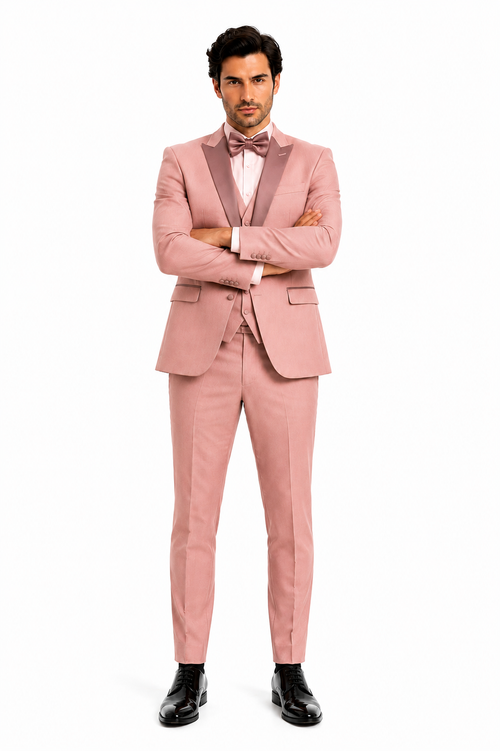 Mens Dusty Pink Three-Piece Slim Fit Tuxedo with Contrast Satin Lapel and Bow Tie