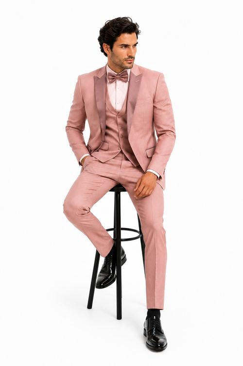 Mens Dusty Pink Three-Piece Slim Fit Tuxedo with Contrast Satin Lapel and Bow Tie