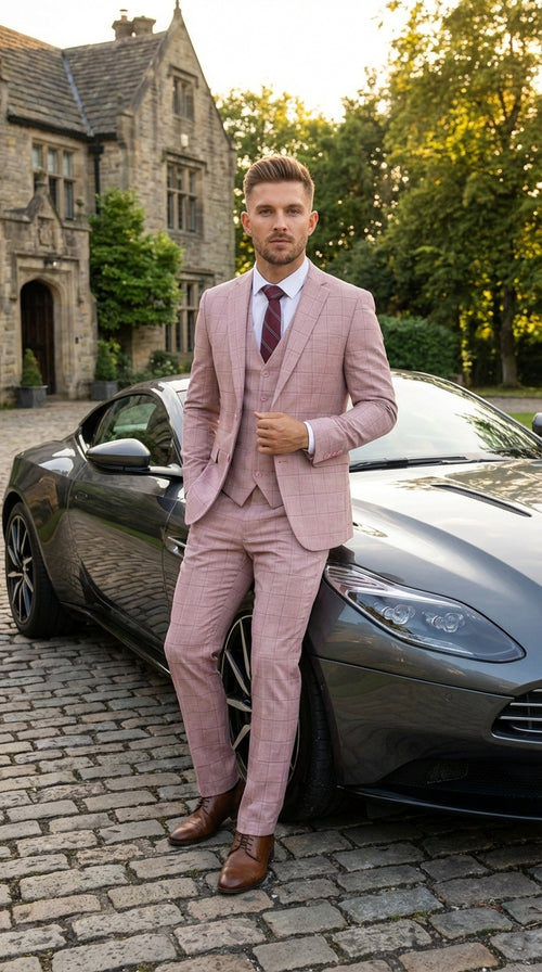 Mens Dusty Rose Three Piece Plaid Suit β Pink Check Wedding and Business Formal Suit Set Windowpane Pattern