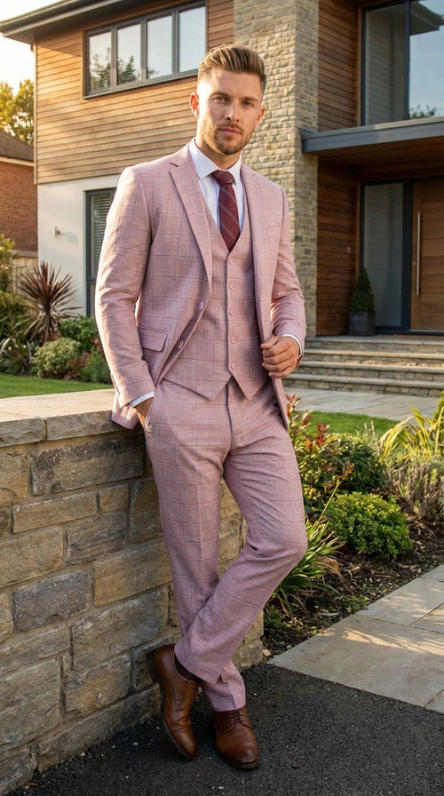 Mens Dusty Rose Three Piece Plaid Suit β Pink Check Wedding and Business Formal Suit Set Windowpane Pattern