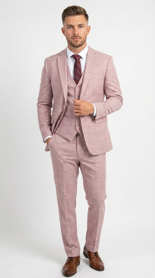 Mens Dusty Rose Three Piece Plaid Suit β Pink Check Wedding and Business Formal Suit Set Windowpane Pattern