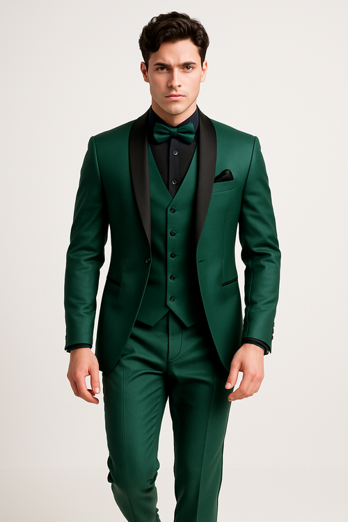 Mens Emerald Green Tuxedo with Black Satin Shawl Lapel 3 Piece Formal Suit with Vest green suits - New Arrival