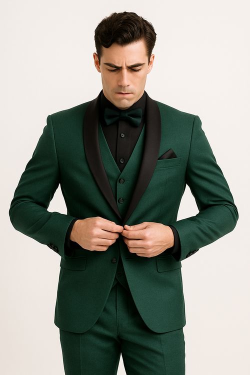 Mens Emerald Green Tuxedo with Black Satin Shawl Lapel 3 Piece Formal Suit with Vest green suits - New Arrival