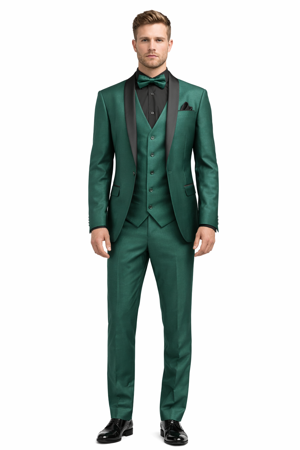 Mens Emerald Green Tuxedo with Black Satin Shawl Lapel – 3 Piece Formal Suit with Vest-New Designer Collection