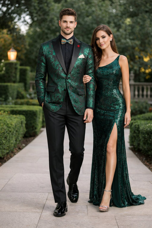 Emerald Green Paisley Tuxedo Suit - Prom Floral Tuxedo Suit - Groom Wedding Suit