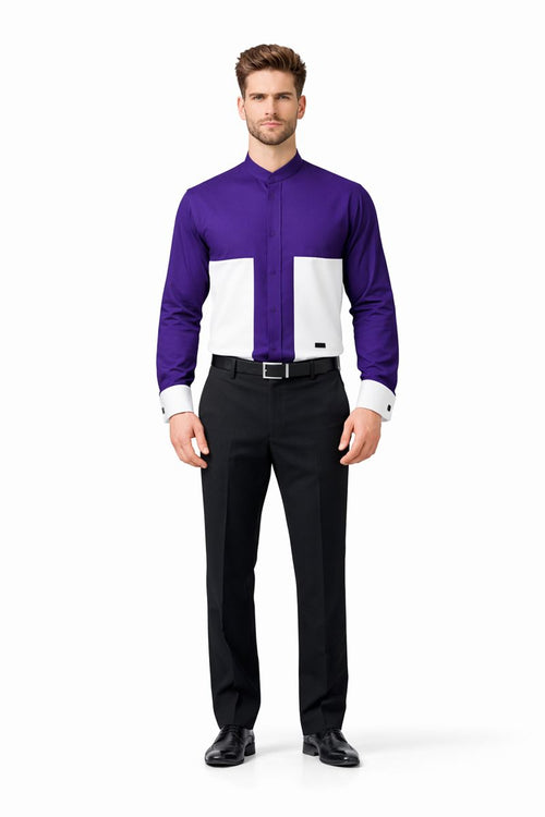 Men's Fashion Hidden Button French Cuff Mandarin Collarless Preacher Round Style Men's Dress Shirt-New Designer Collection