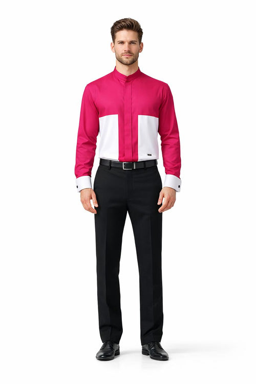 Men's Fashion Hidden Button French Cuff Mandarin Collarless Preacher Round Style Men's Dress Shirt-New Designer Collection