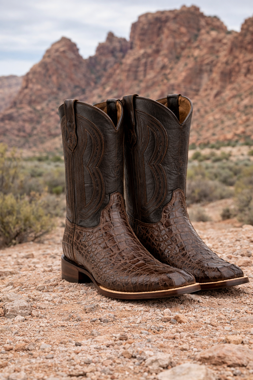 Men's Ferrini Dakota Hornback Caiman Cowboy Boots - Square Toe Brown Leather Western Dress Boots-New Designer Collection