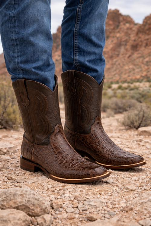 Men's Ferrini Dakota Hornback Caiman Cowboy Boots - Square Toe Brown Leather Western Dress Boots-New Designer Collection