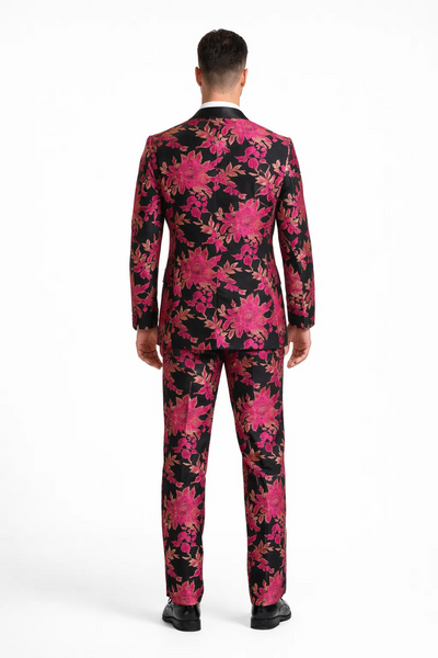 Men's Fuchsia Pink & Black Floral Paisley Prom 2022 Tuxedo